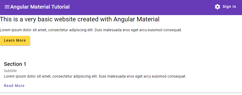 angular material website with styling