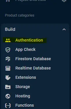 Where to find Authentication in the firebase menu