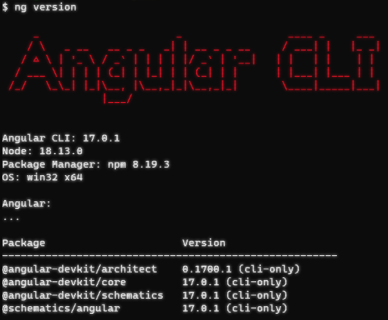 Output when running ng version after installing angular cli version 17